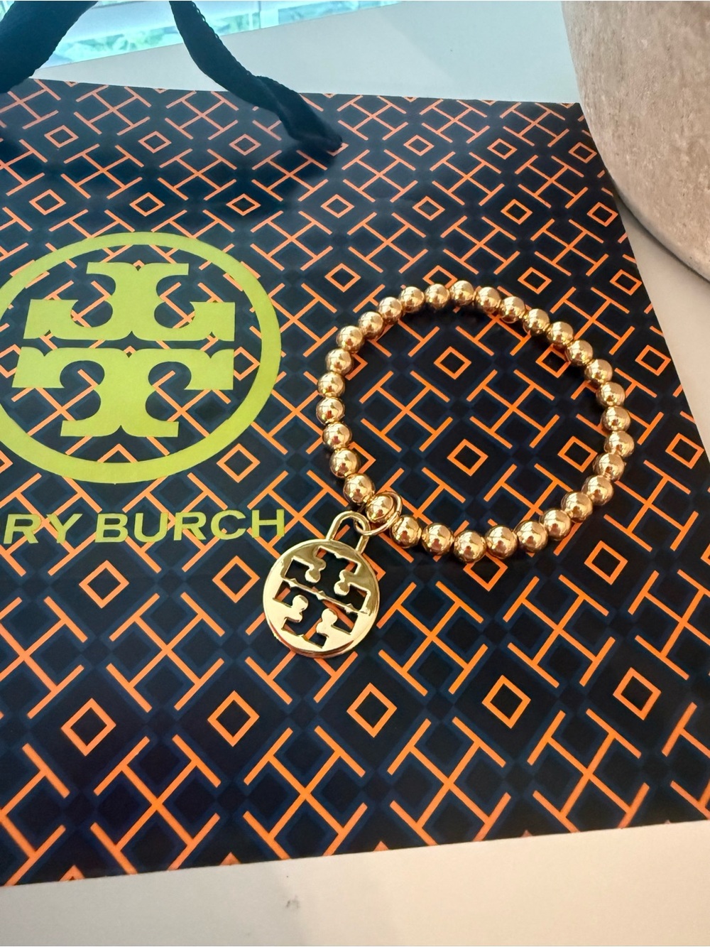 New! Gorgeous beaded, stretchy bracelet with Tory Burch logo charm + gift wrap